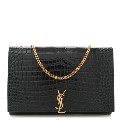 Saint Laurent Calfskin Crocodile Embossed Monogram Chain Wallet Black 1 of 12