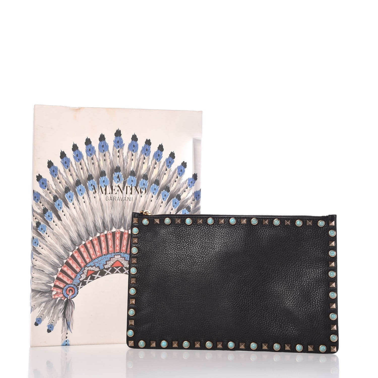 Valentino Garavani Pebbled Calfskin Turquoise Large Rockstud Rolling Zip Pouch Black 7 of 7