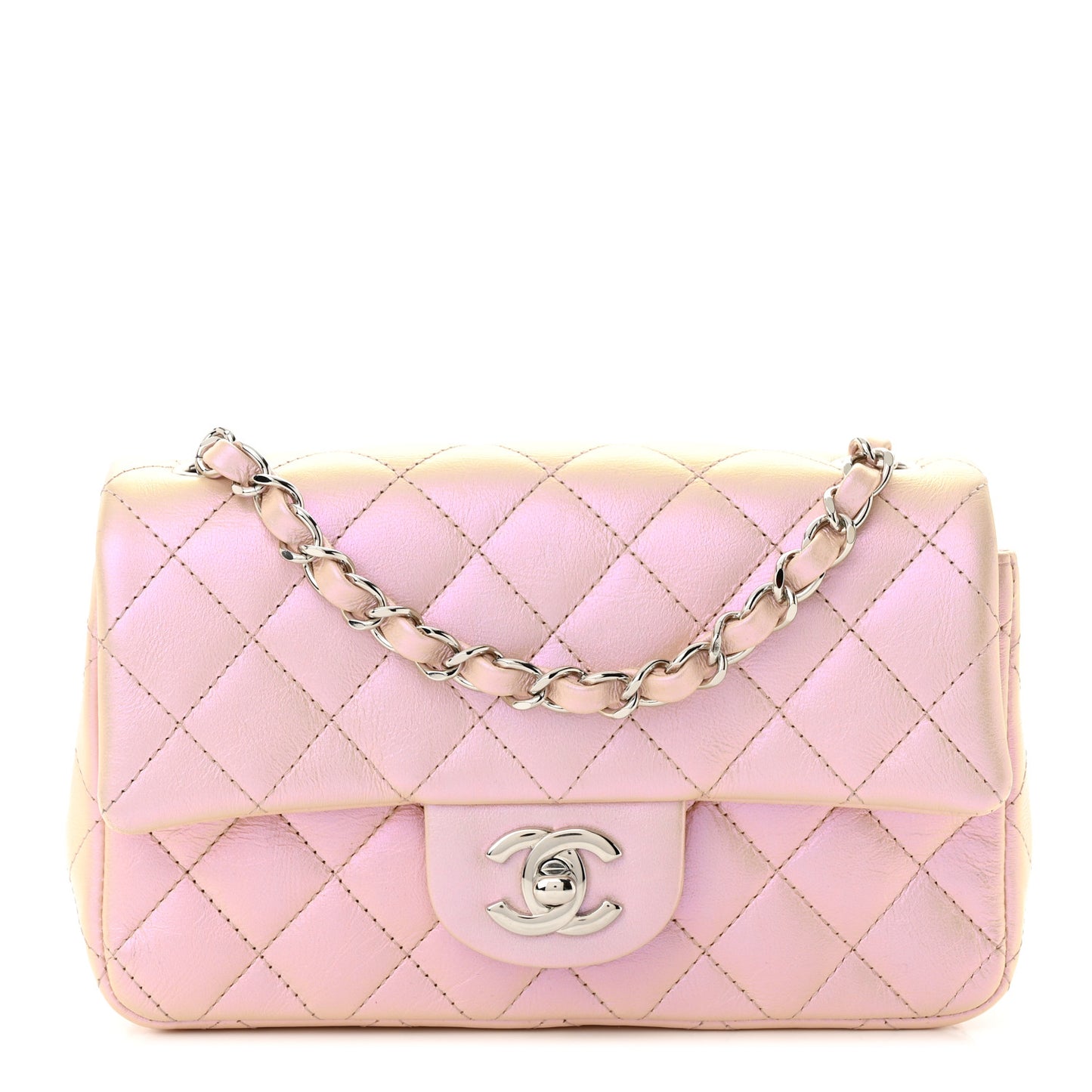 Iridescent Calfskin Quilted Mini Rectangular Flap Pink