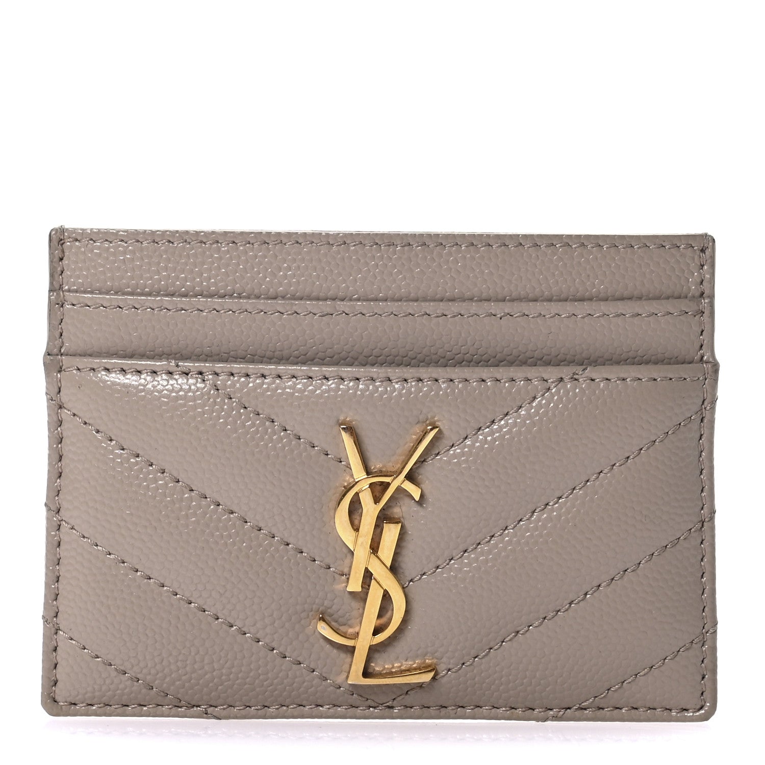 Saint Laurent Grain De Poudre Matelasse Chevron Monogram Credit Card Case Dark Beige 1 of 7