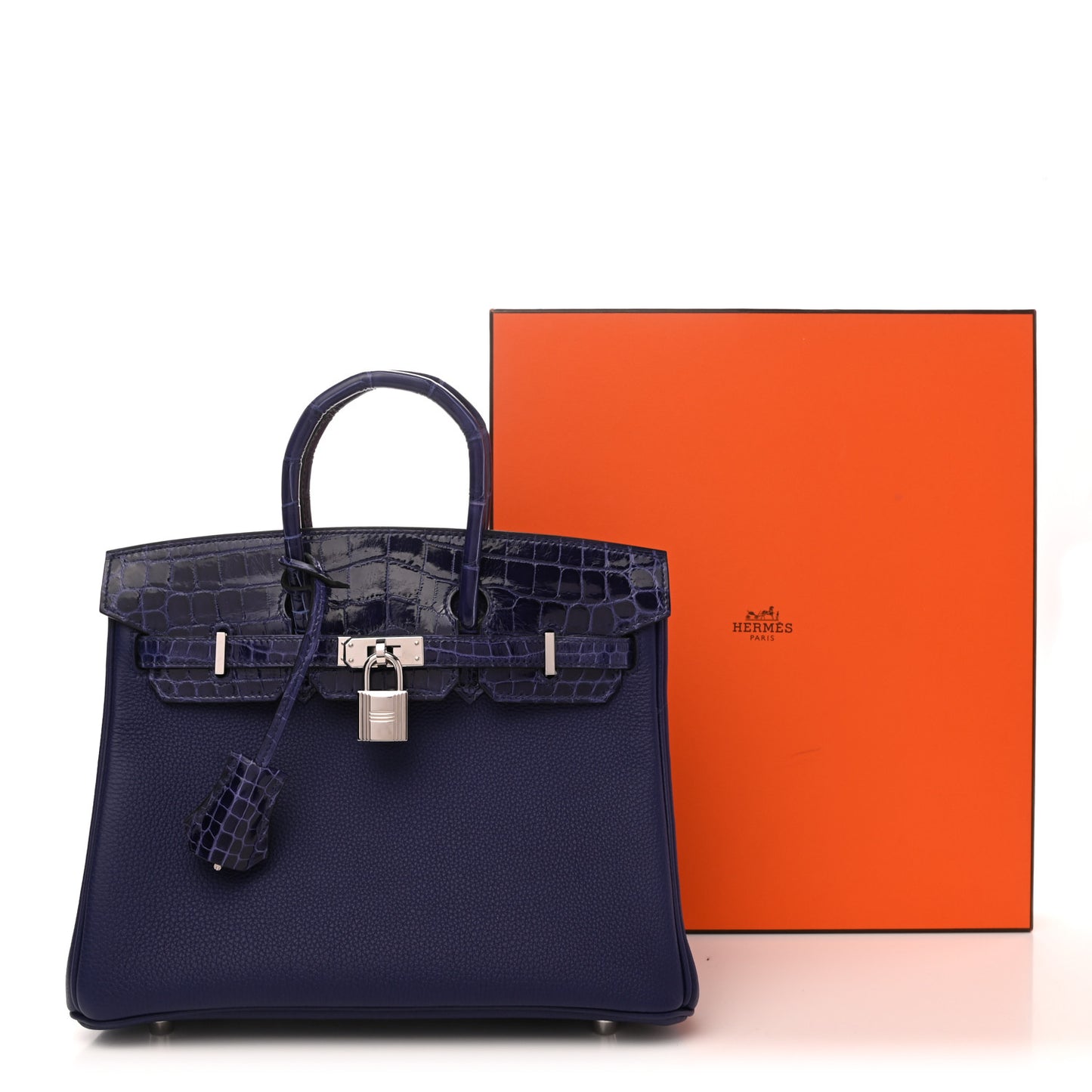 Taurillon Novillo Shiny Niloticus Crocodile Birkin Touch 25 Bleu Encre