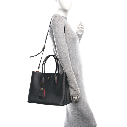 Prada Saffiano Cuir Large Double Bag Black Fuoco 2 of 9