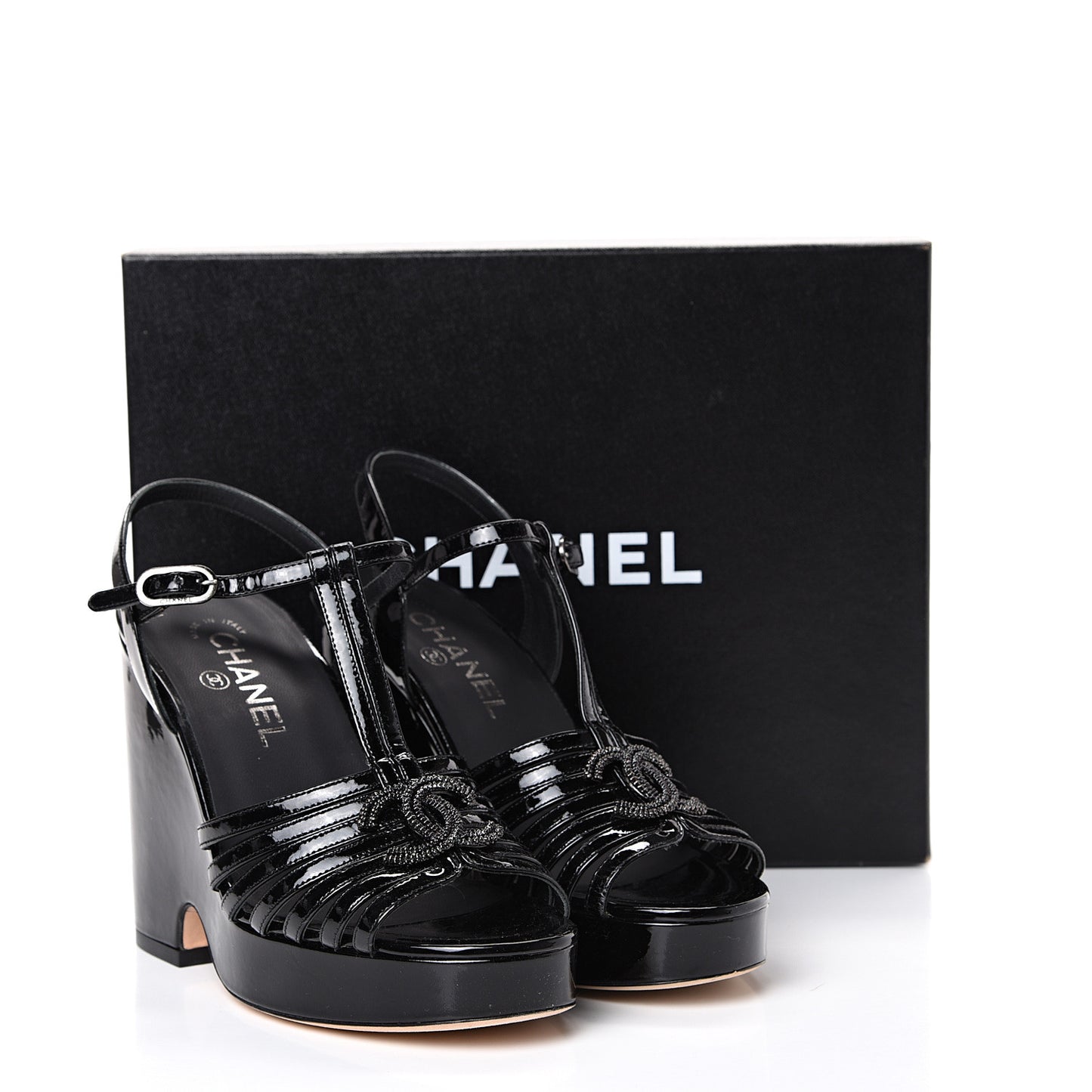 Patent CC T Strap Platform Wedges 37.5 Black