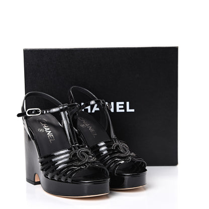 Chanel Patent CC T Strap Platform Wedges 37.5 Black 11 of 11