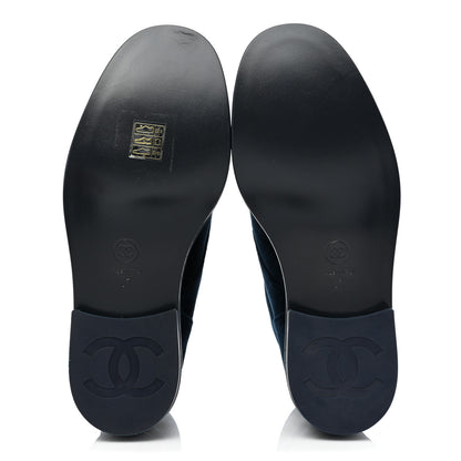 Chanel Velvet Patent Cap Toe CC Lace Up Combat Boots 37 Blue Black 5 of 10
