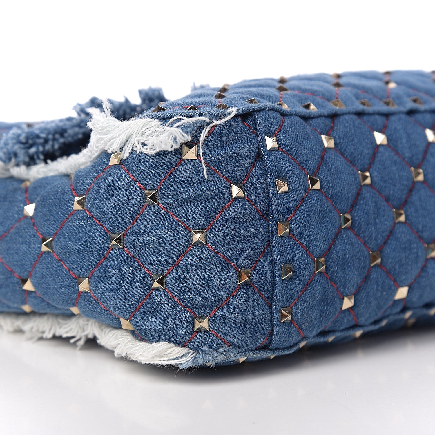 Valentino Garavani Denim Fringe Maxi Rockstud Spike Shoulder Bag Blue 6 of 8