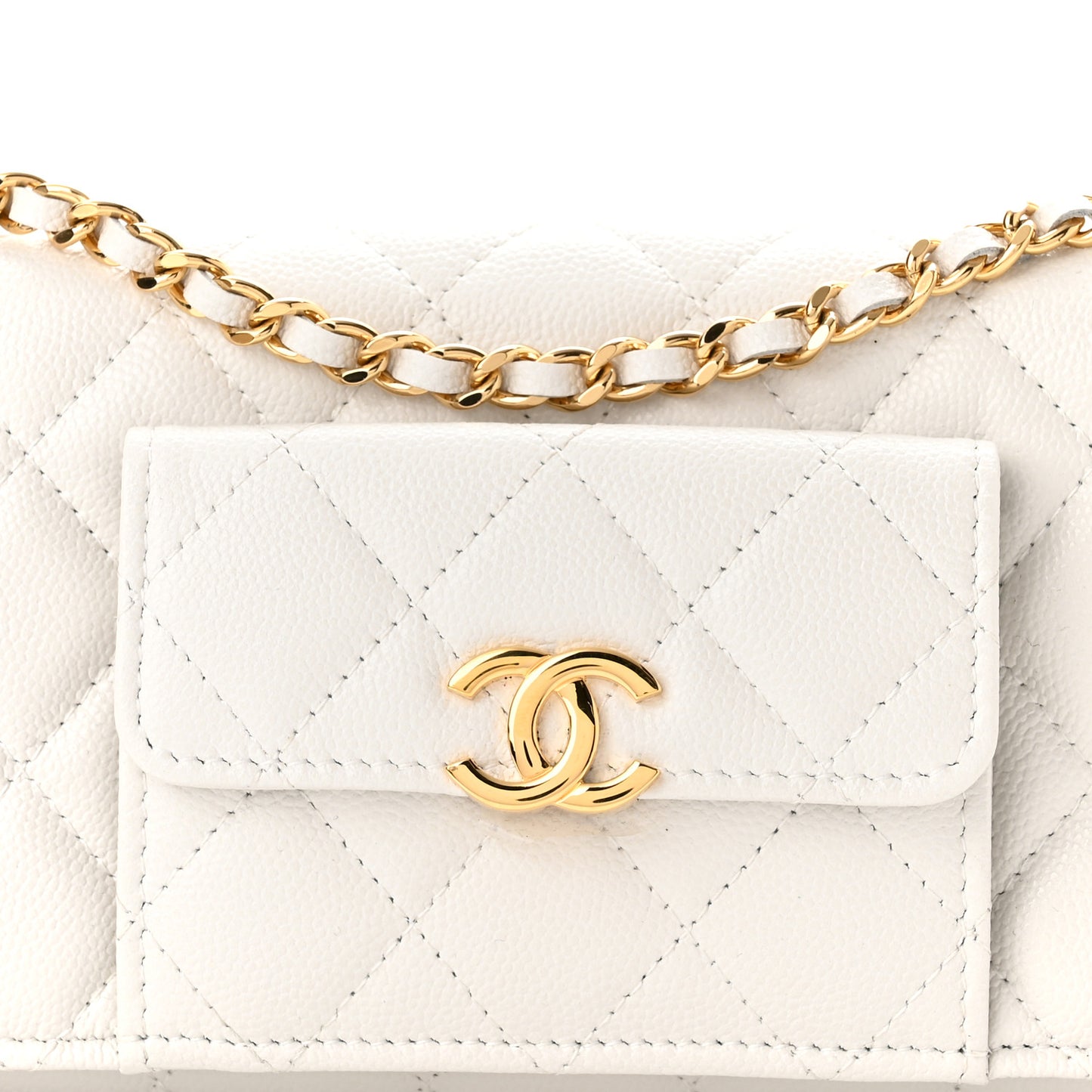Caviar Quilted Pocket Twins Clutch With Chain White