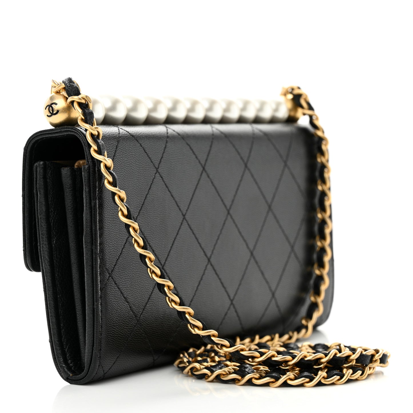 Lambskin Quilted Chic Pearls Clutch With Chain Black