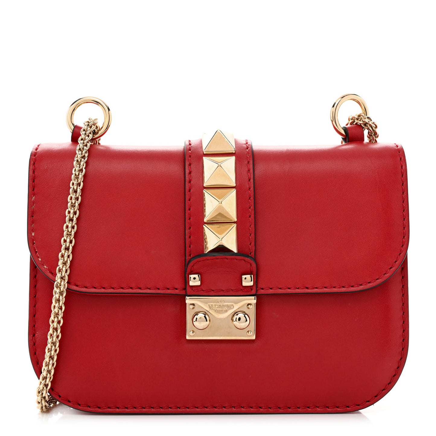 Vitello Small Glam Lock Rockstud Flap Red