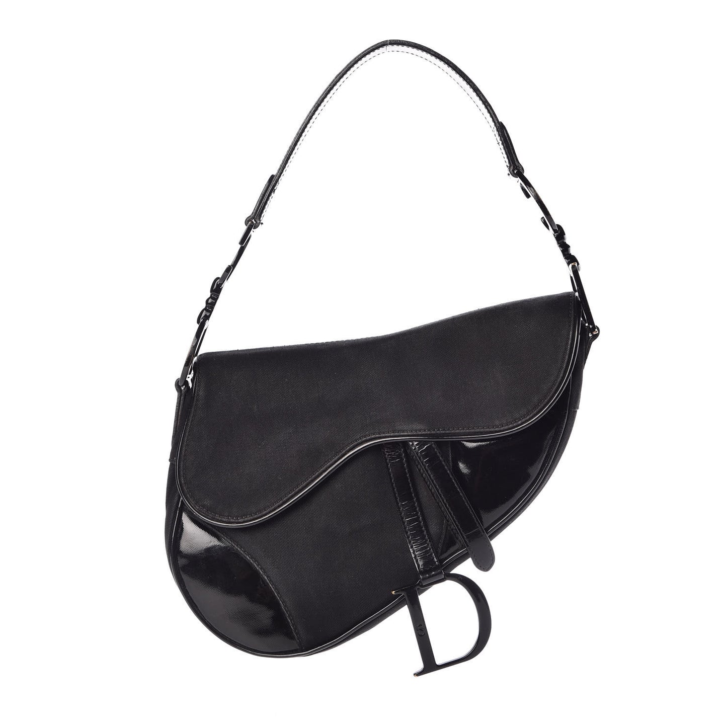 Canvas Patent Calfskin Saddle Bag Black