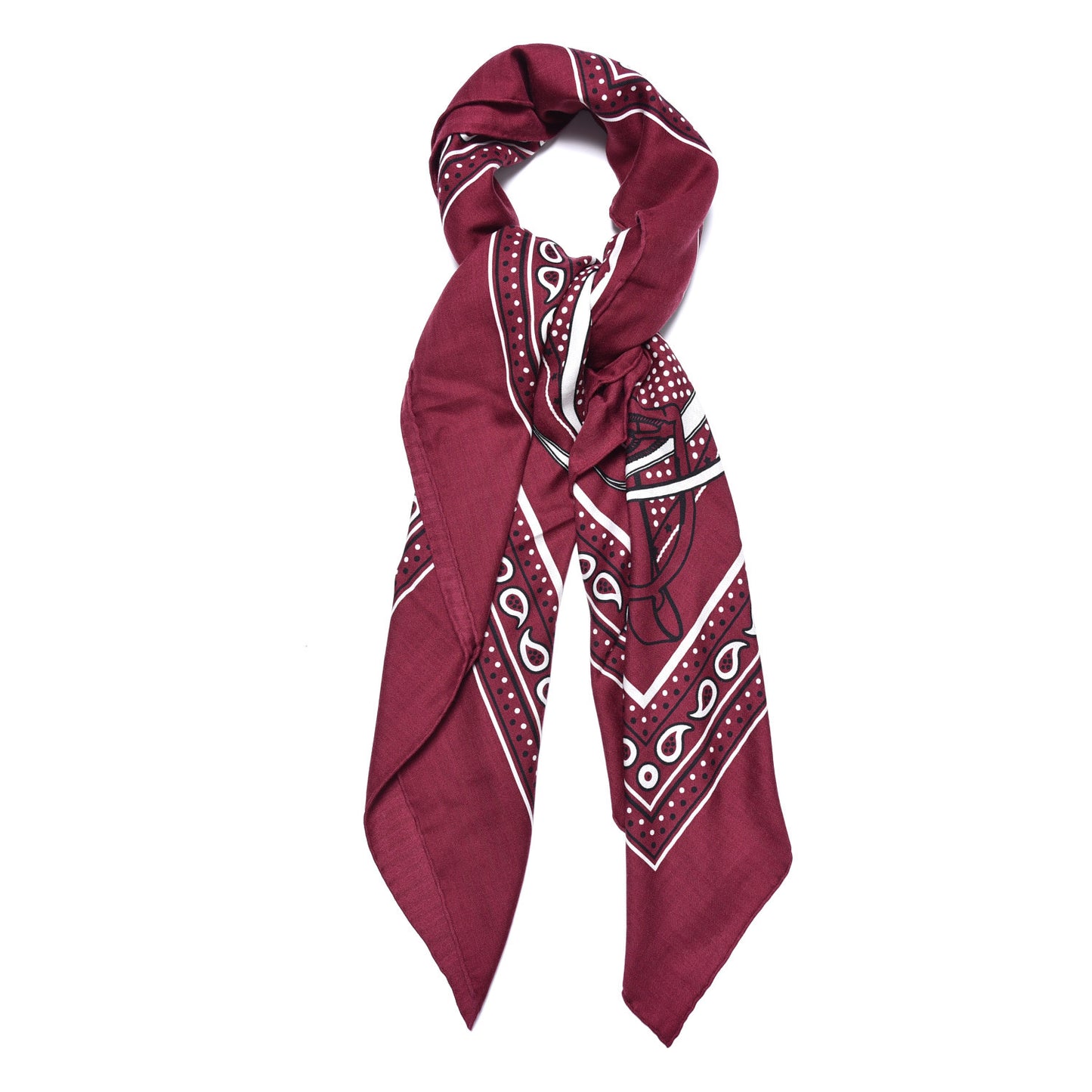 Silk Cashmere Grand Manege Bandana Shawl 140 Bordeaux White Black