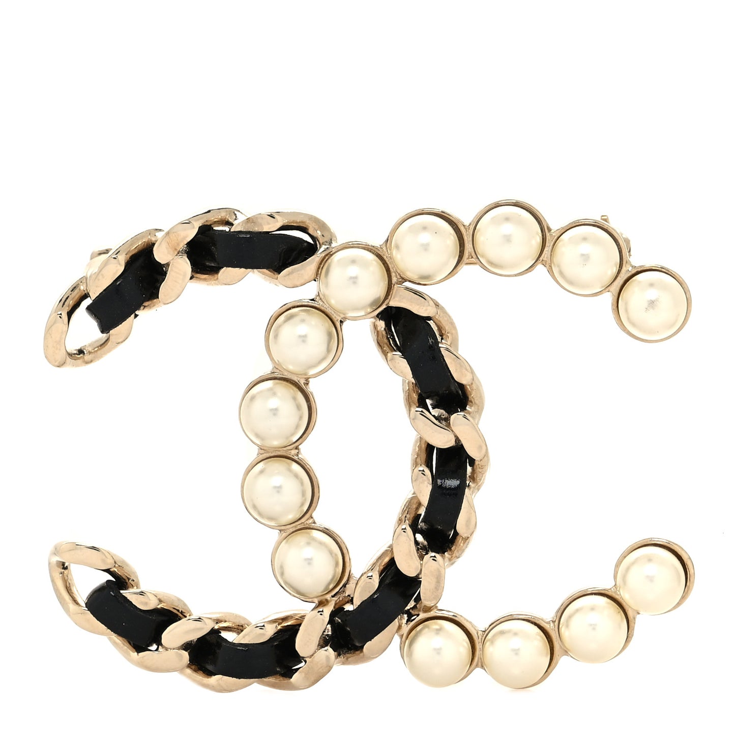 Lambskin Pearl CC Chain Brooch Black Gold