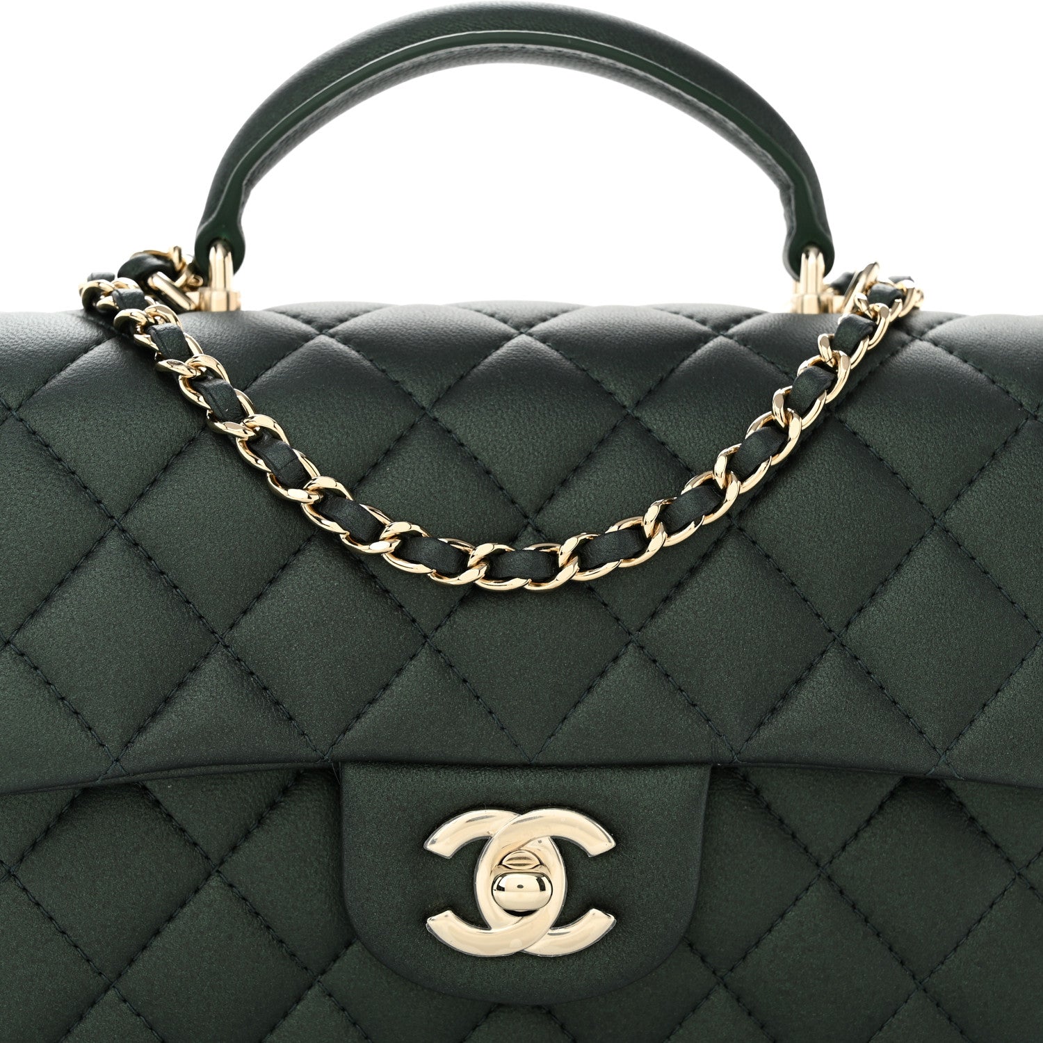 Chanel Iridescent Lambskin Quilted Mini Top Handle Rectangular Flap Dark Green 8 of 11