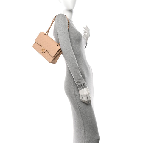 Caviar Quilted Medium Double Flap Beige