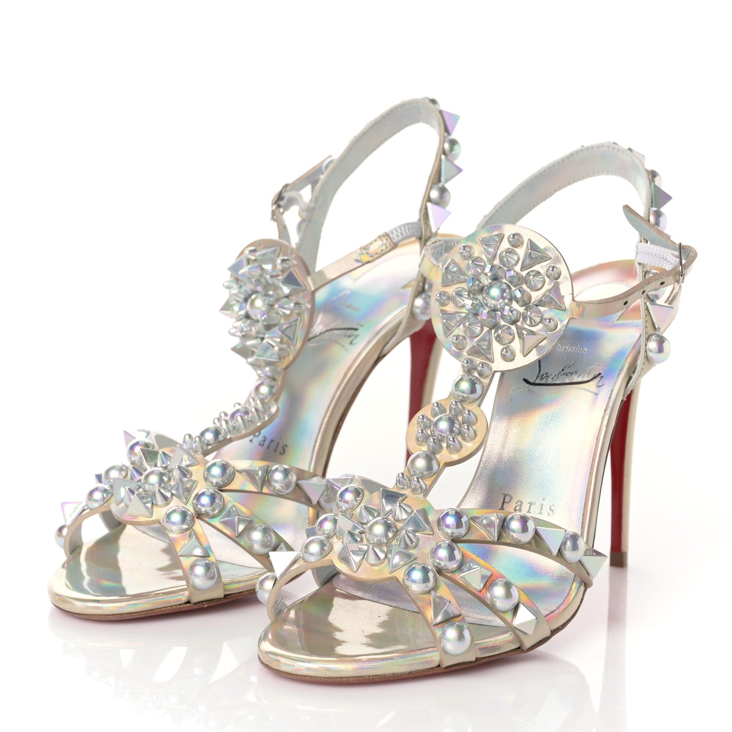 Christian Louboutin Iridescent Patent Embellished Goldora 100 Sandals 35 White 4 of 9