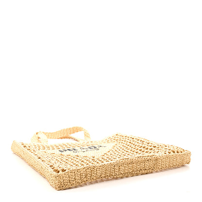 Prada Yarn Raffia Effect Crochet Logo Embroidered Tote Bag Naturale 4 of 9