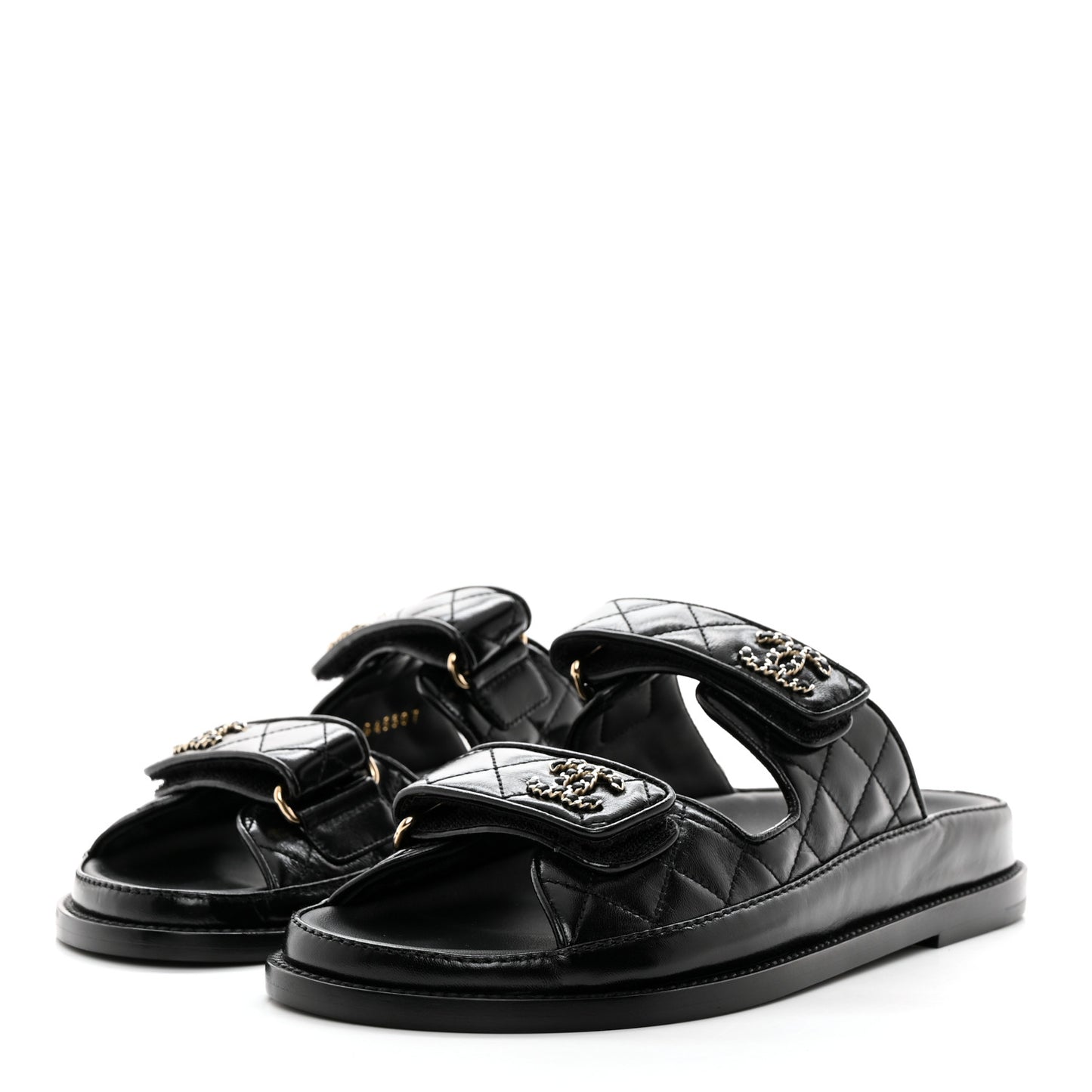 Lambskin Quilted Velcro Dad Chain CC Slide Sandals 36.5 Black