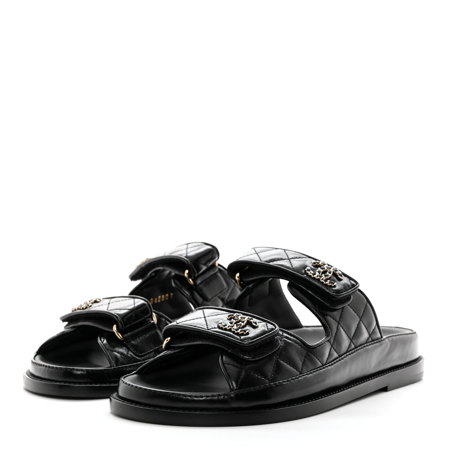 Chanel Lambskin Quilted Velcro Dad Chain CC Slide Sandals 36.5 Black 3 of 9