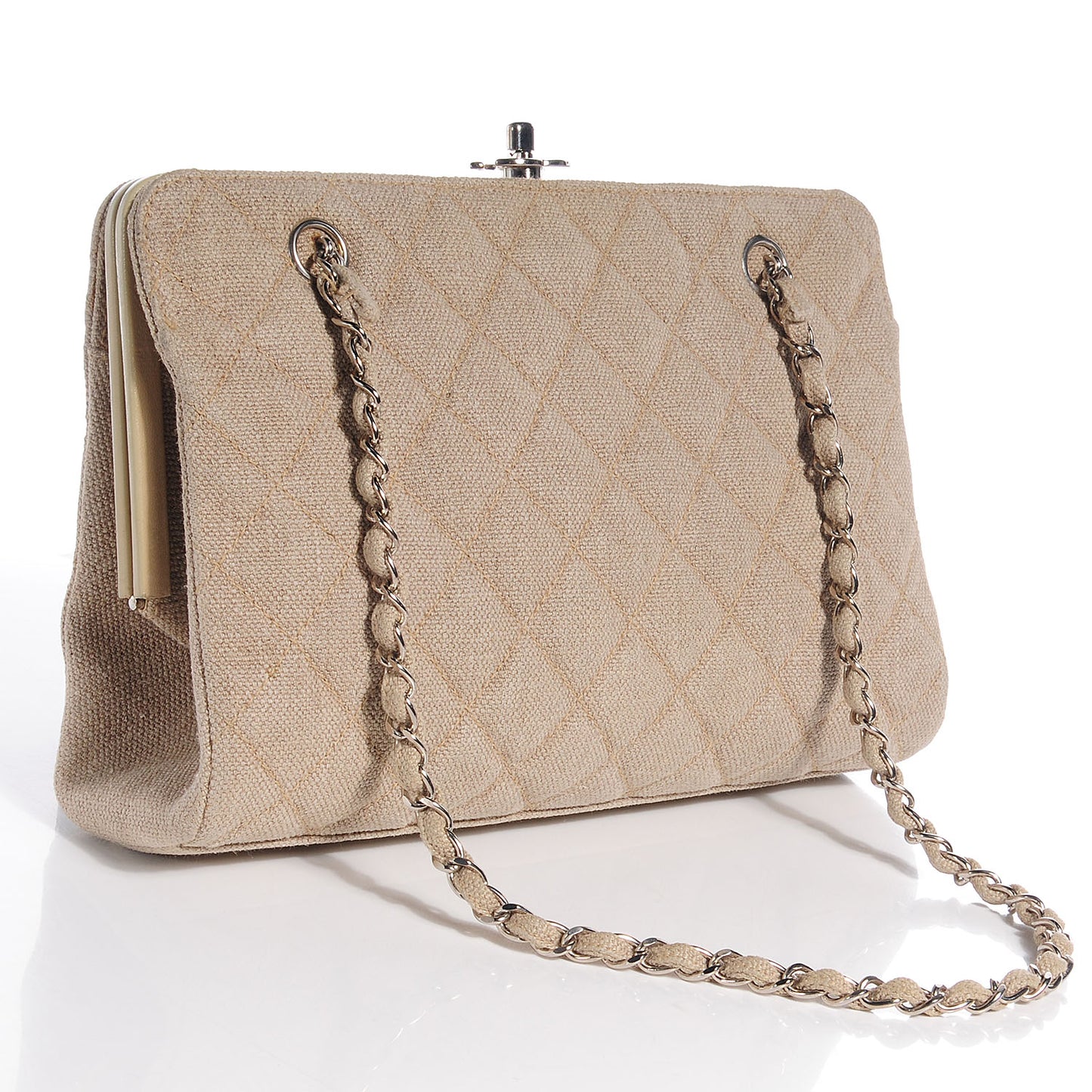 Linen Quilted Frame Shoulder Bag Beige