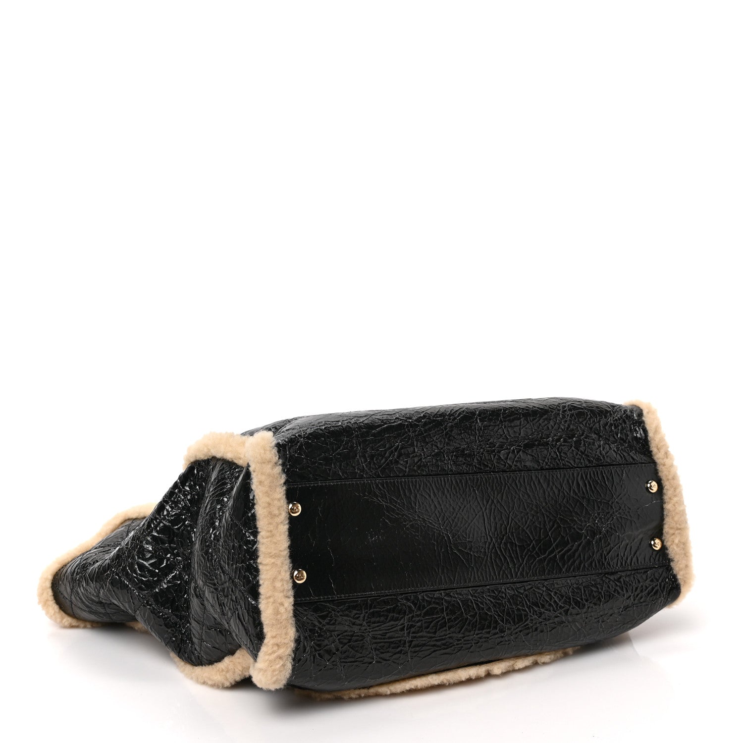 Chanel Shiny Crumpled Sheepskin Shearling CC Mania Tote Bag Black Beige 4 of 9