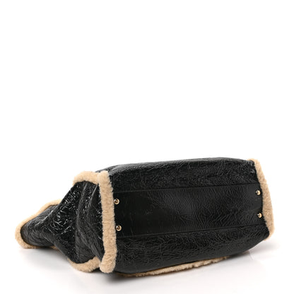 Chanel Shiny Crumpled Sheepskin Shearling CC Mania Tote Bag Black Beige 4 of 9