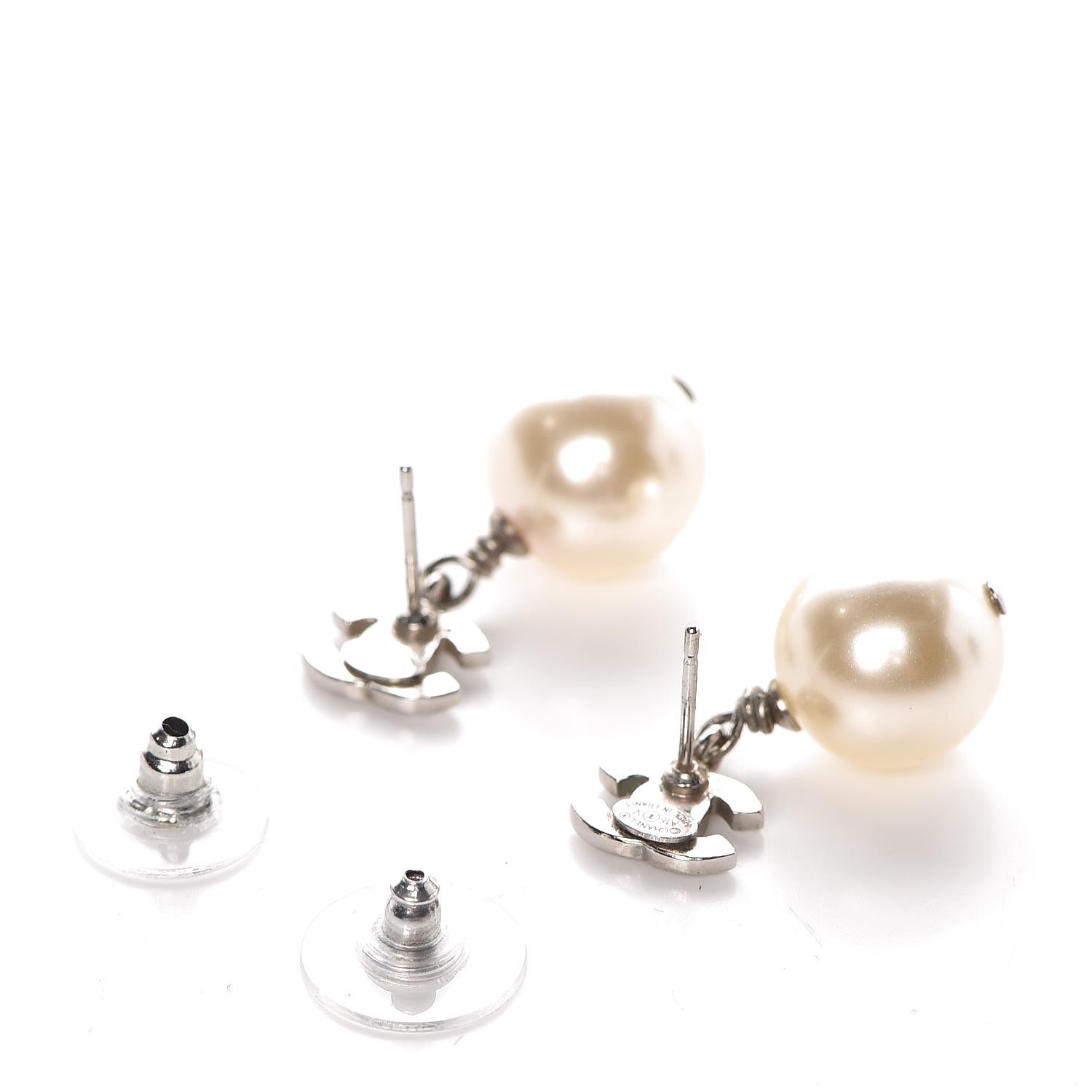 Chanel Crystal Pearl CC Drop Earrings Silver 3 of 5
