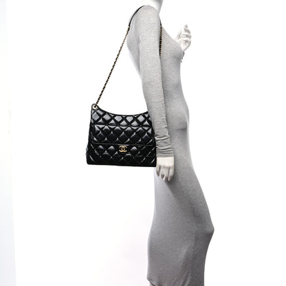 Chanel Shiny Crumpled Calfskin Quilted Large Wavy CC Hobo Black 2 of 10