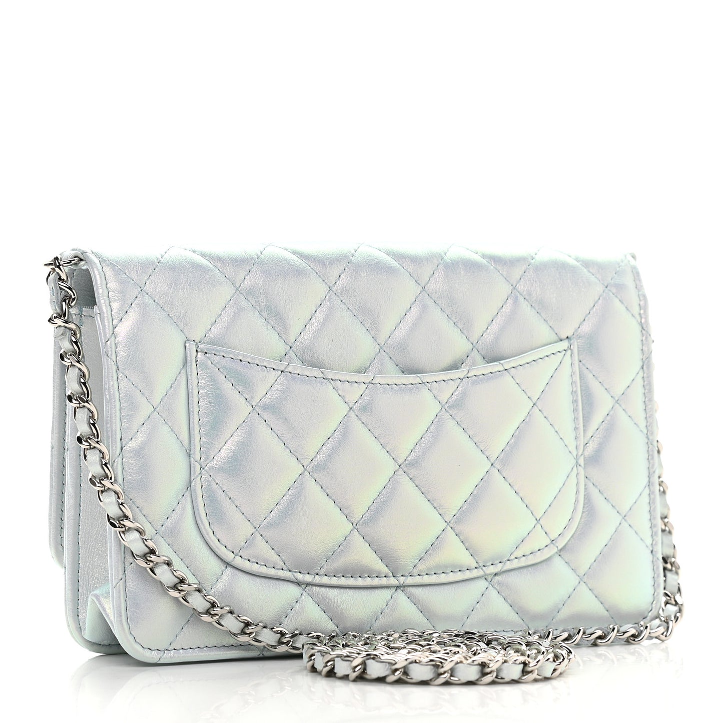 Iridescent Calfskin Quilted Wallet On Chain WOC Light Blue