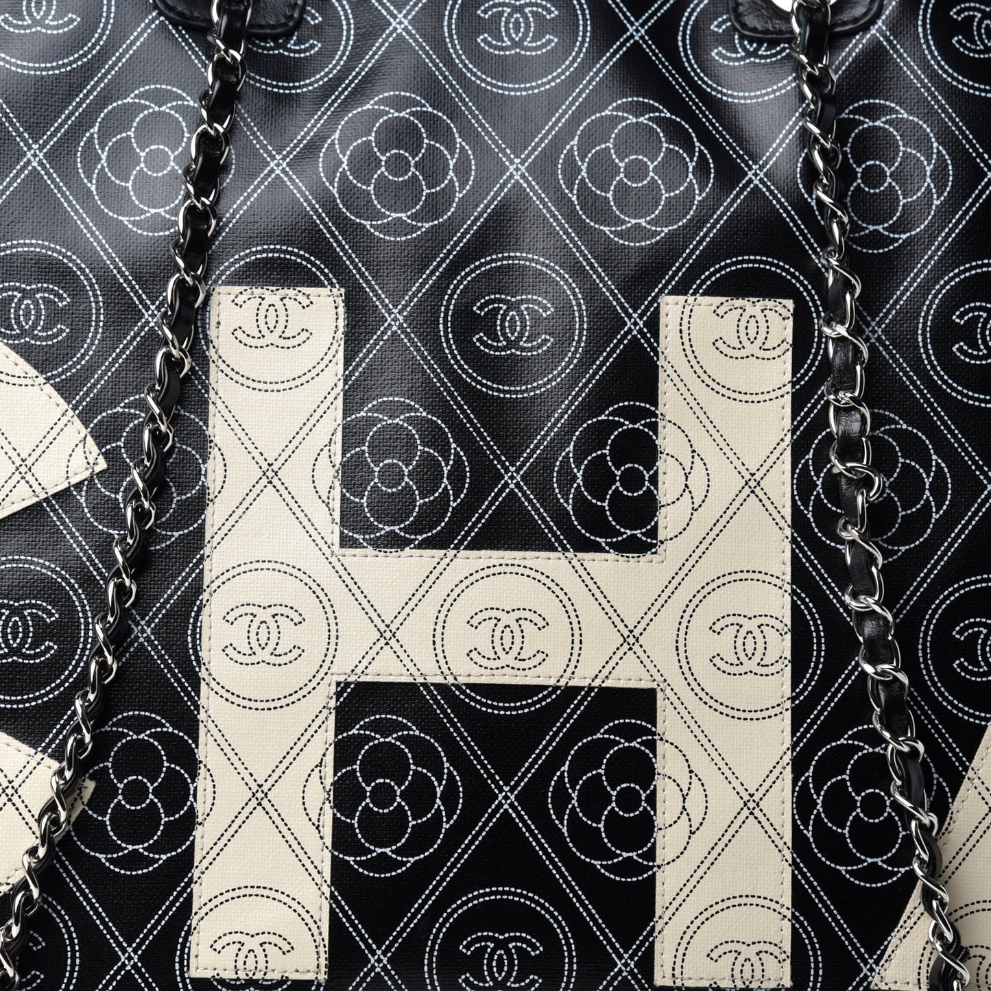 Coated Canvas Camellia Medium Shopping Tote Black Beige