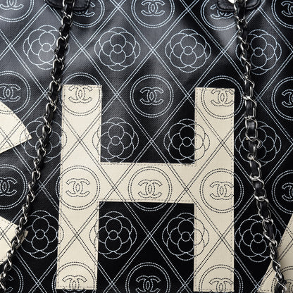 Chanel Coated Canvas Camellia Medium Shopping Tote Black Beige 9 of 10