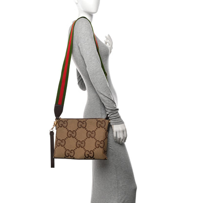Gucci Monogram Jumbo GG Textured Dollar Calfskin Web Wristlet Messenger Bag Camel Ebony New Acero 2 of 11