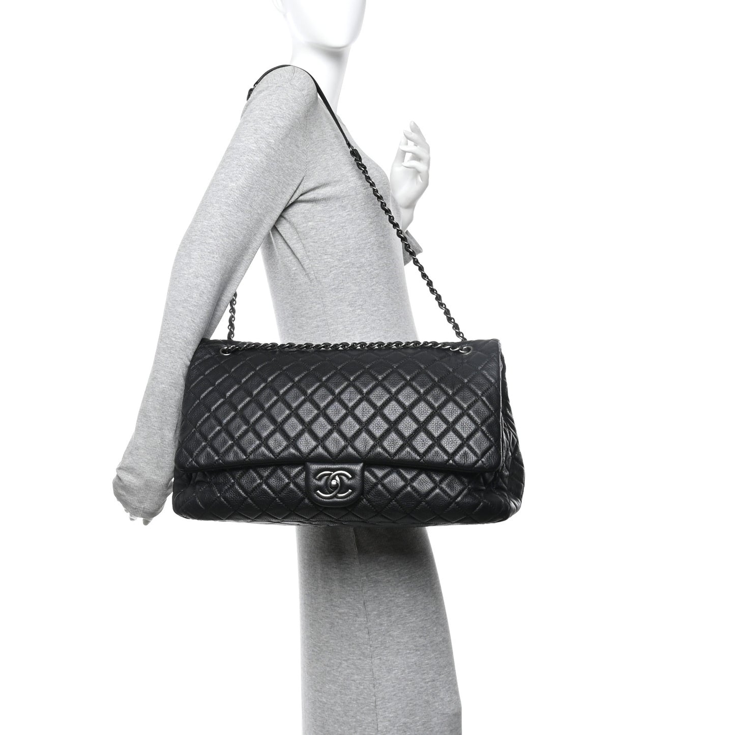 Calfskin Quilted XXL Travel Flap Bag Black