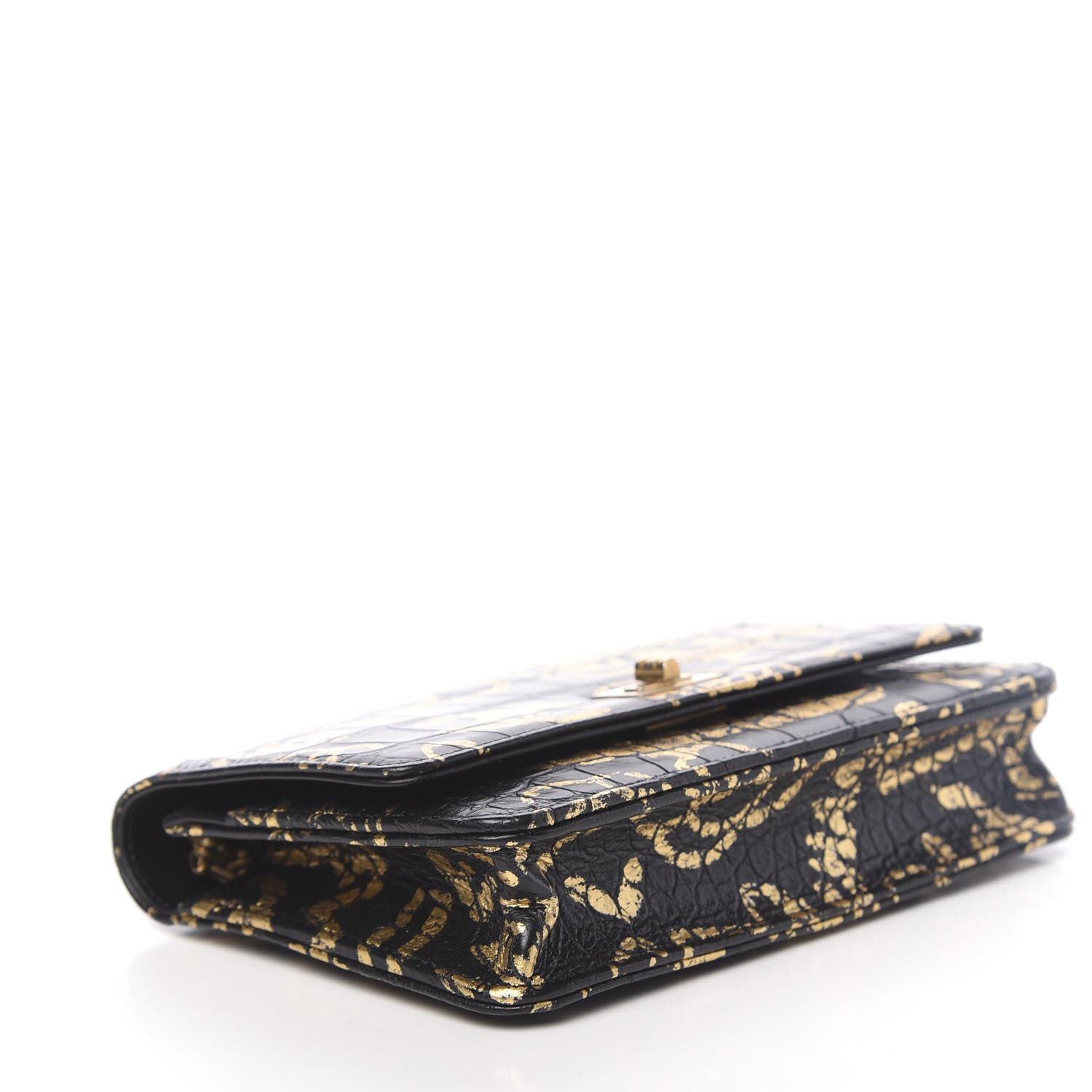 Chanel Calfskin Crocodile Embossed Graffiti 2.55 Cocodile Reissue Wallet On Chain WOC Black Gold 4 of 13