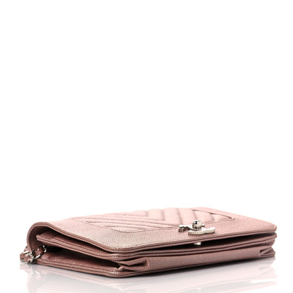 Chanel Metallic Caviar Chevron Quilted Vintage Mademoiselle Wallet On Chain WOC Pink 4 of 9
