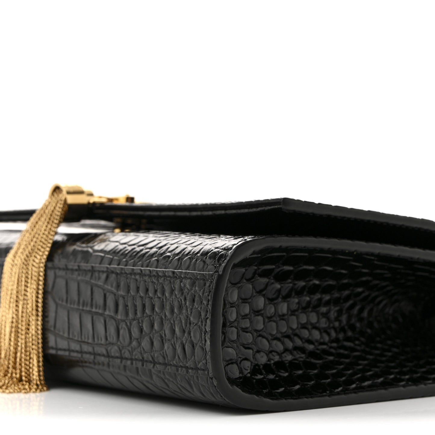 Calfskin Crocodile Embossed Medium Classic Monogram Kate Tassel Satchel Black