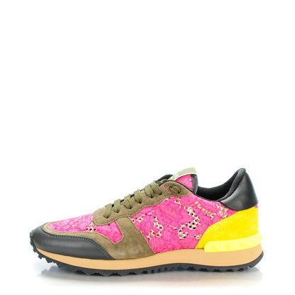 Valentino Garavani Macrame Lace Suede Womens Rockrunner Sneakers 37 Fuchsia Yellow 1 of 8