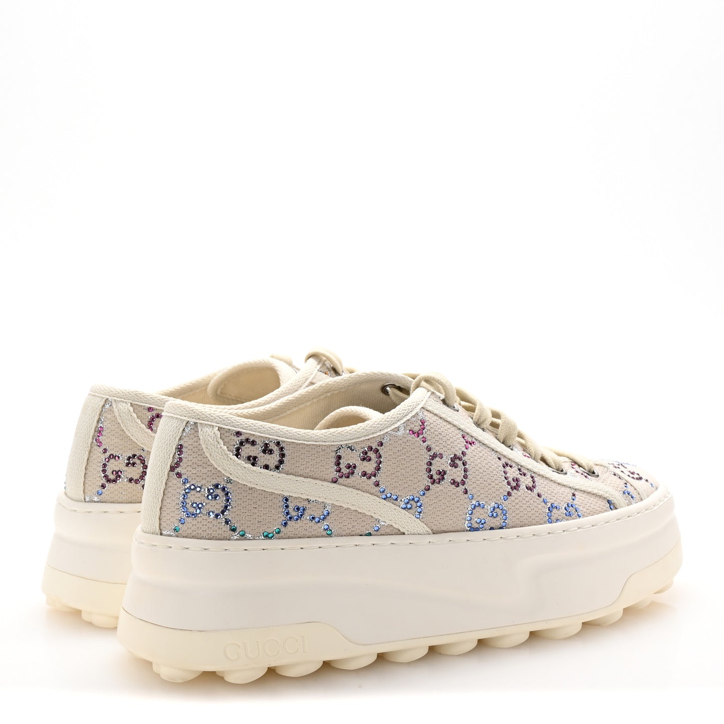 Canvas Lame Crystal GG Monogram Womens 1977 Tennis Sneakers 37.5 Gardenia Silver Mystic White