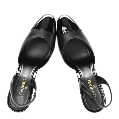 Chanel Lambskin Patent Calfskin Cap Toe CC Apple Slingback Pumps 37.5 Black 2 of 9