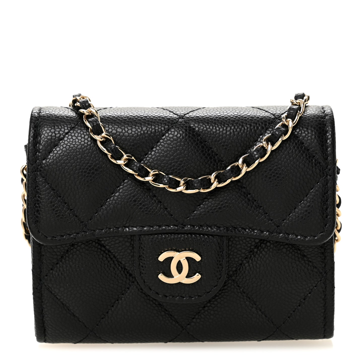 Caviar Quilted Flap Card Holder On Chain Black