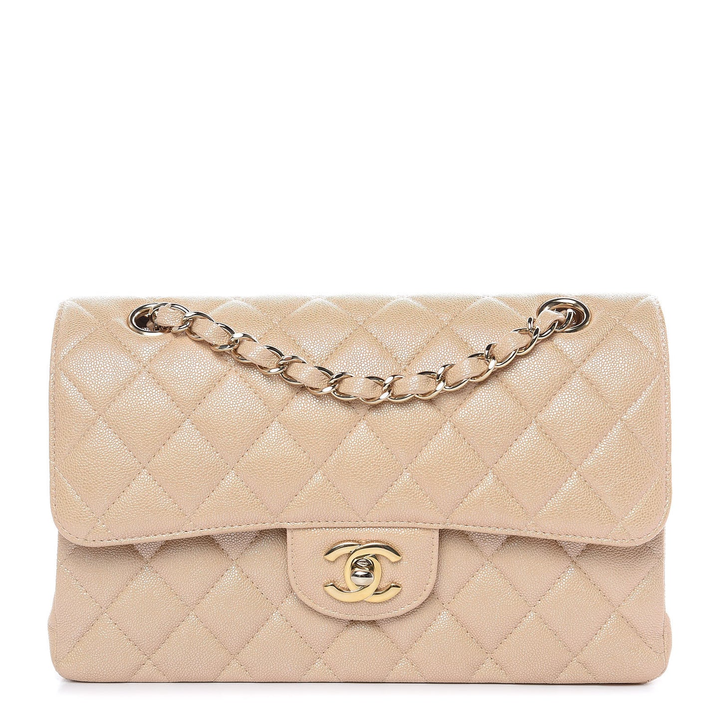 Iridescent Caviar Quilted Small Double Flap Beige