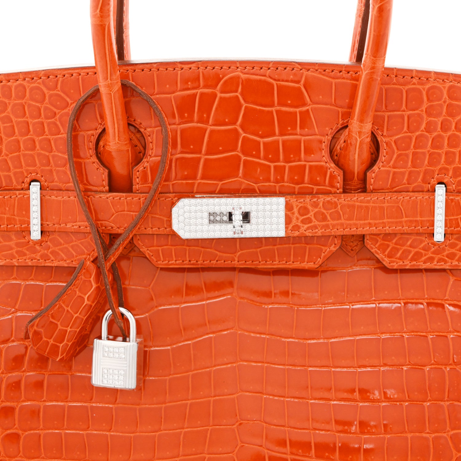 Hermes Shiny Porosus Crocodile 18K White Gold Diamond Birkin 30 Orange 9 of 14