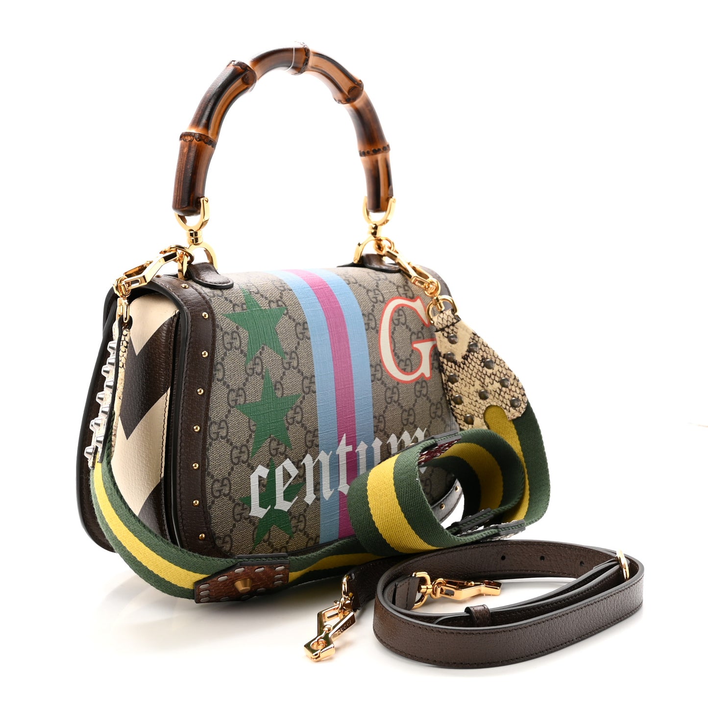 GG Supreme Monogram Studded Calfskin Centum Medium Bamboo 1947 Top Handle Bag Beige Ebony Multicolor