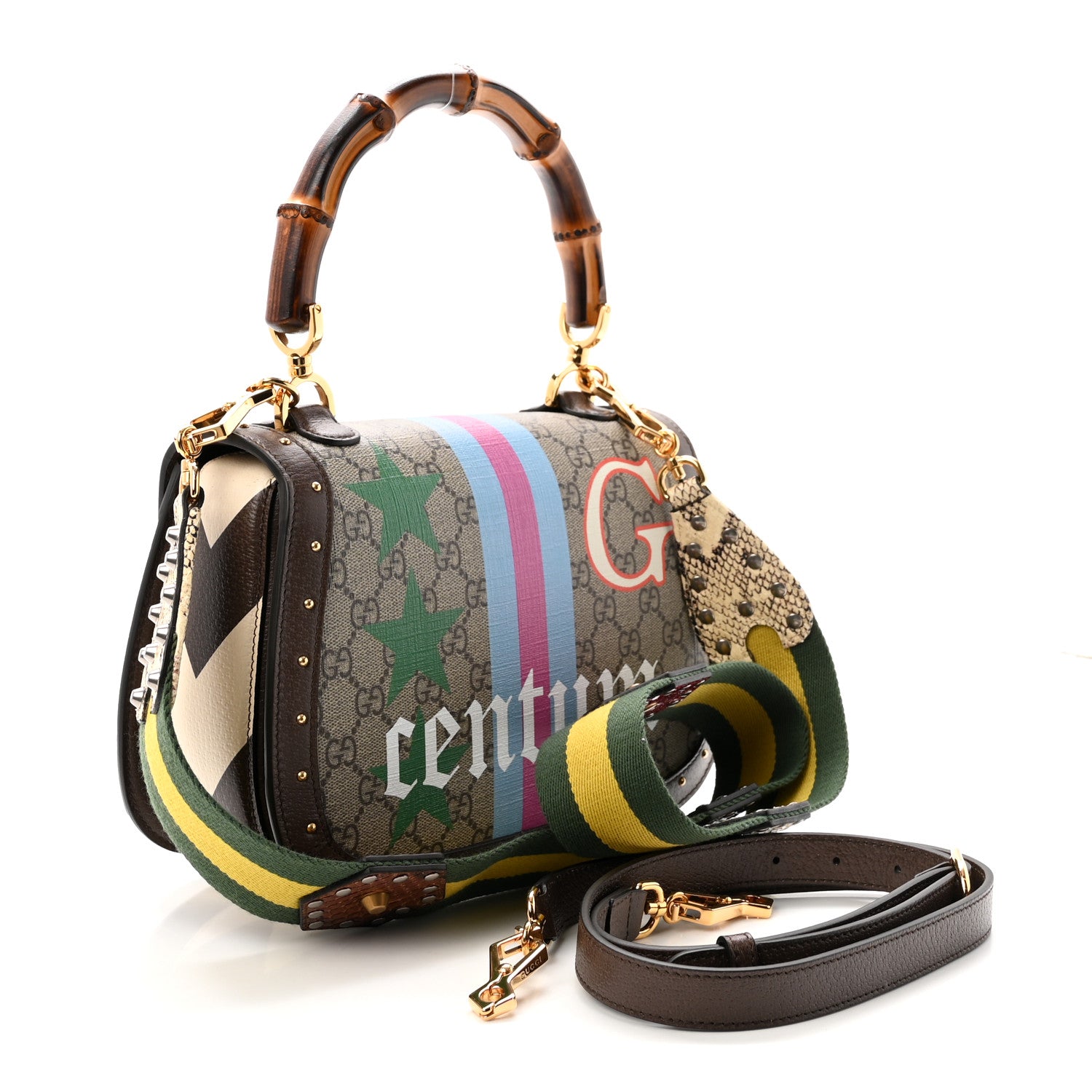 Gucci GG Supreme Monogram Studded Calfskin Centum Medium Bamboo 1947 Top Handle Bag Beige Ebony Multicolor 4 of 10