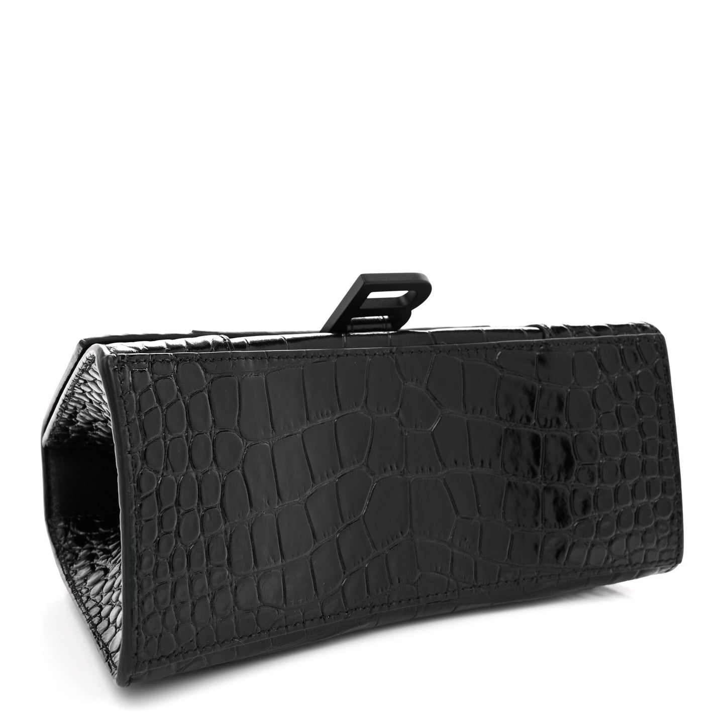 Shiny Calfskin Monochrome Crocodile Embossed Small Hourglass Top Handle Bag Black