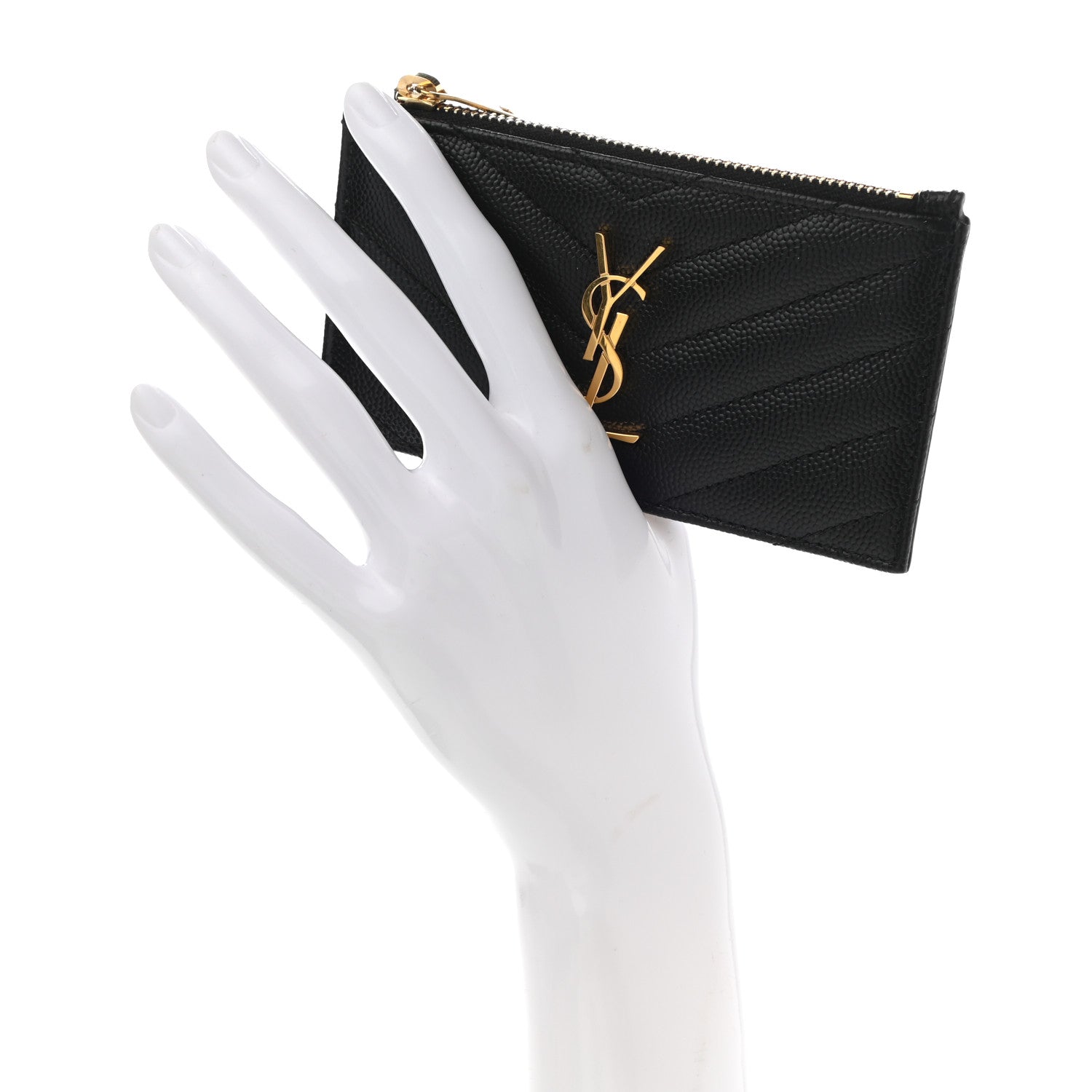 Saint Laurent Grain De Poudre Matelasse Chevron Monogram Fragments Zippered Card Case Black 7 of 8