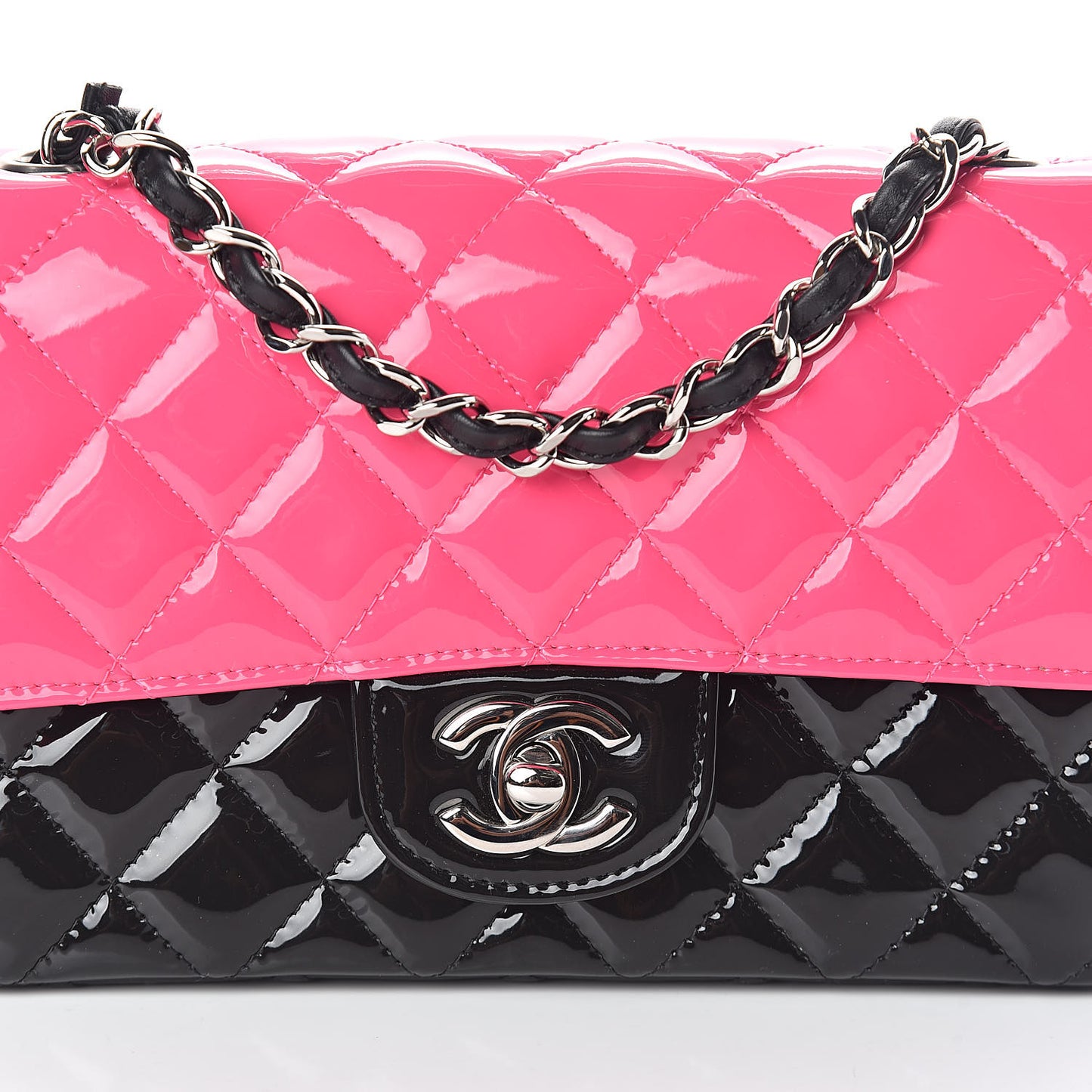 Patent Calfskin Quilted Bi-Color Mini Rectangular Flap Pink Black