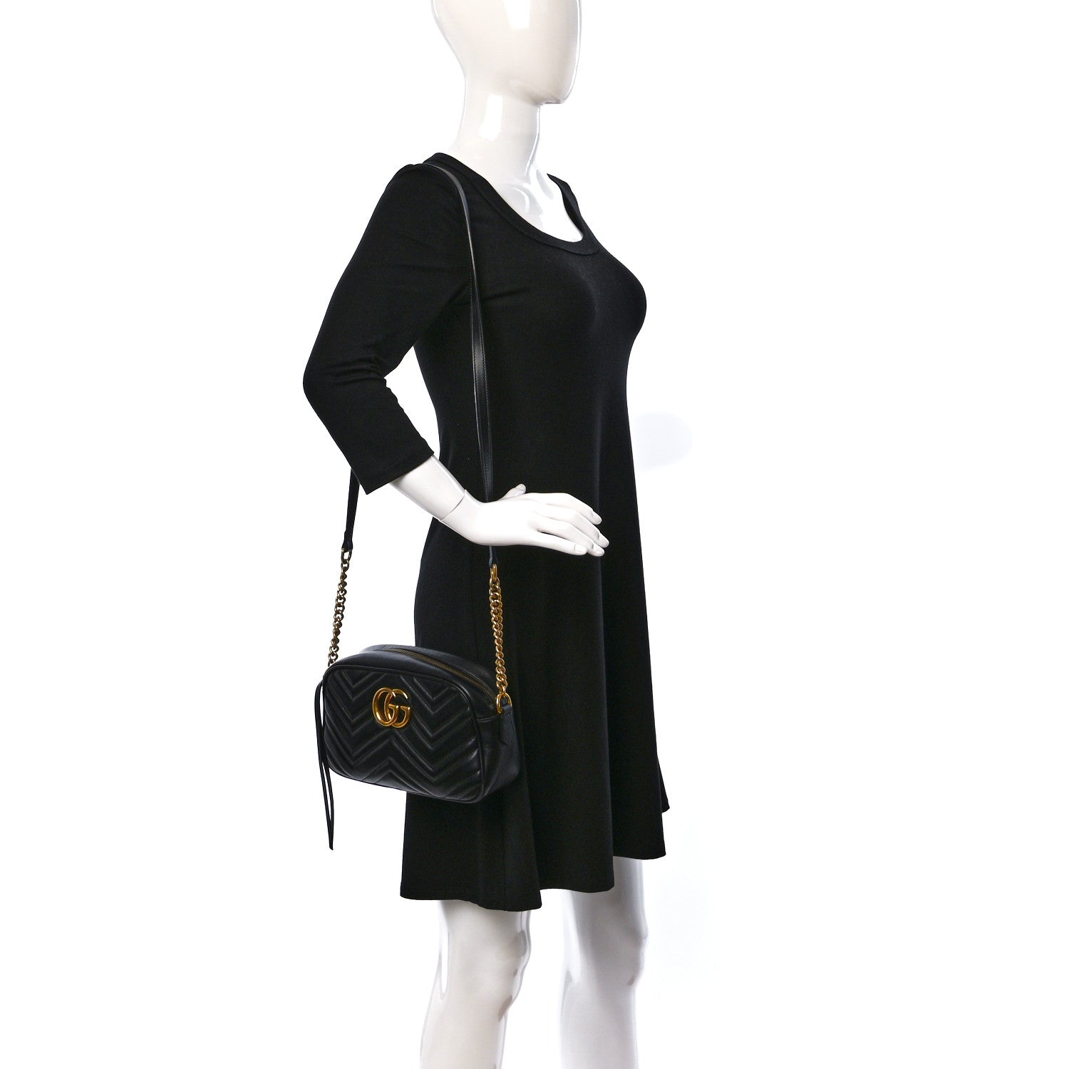 Gucci Calfskin Matelasse Small GG Marmont Chain Shoulder Bag Black 2 of 15