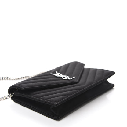 Saint Laurent Satin Chevron Monogram Envelope Chain Wallet Black 4 of 13