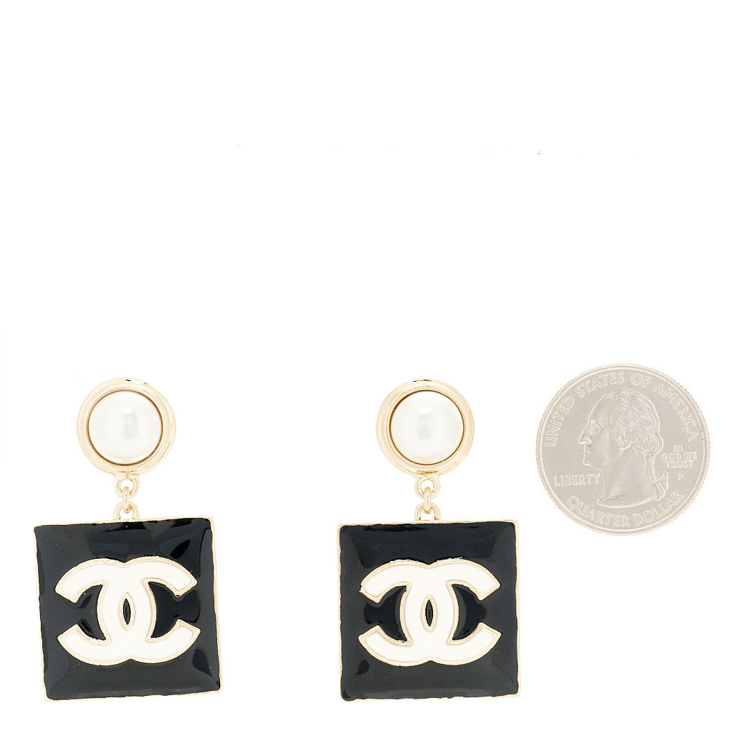 Metal Enamel Pearl Square CC Drop Earrings Gold Black White