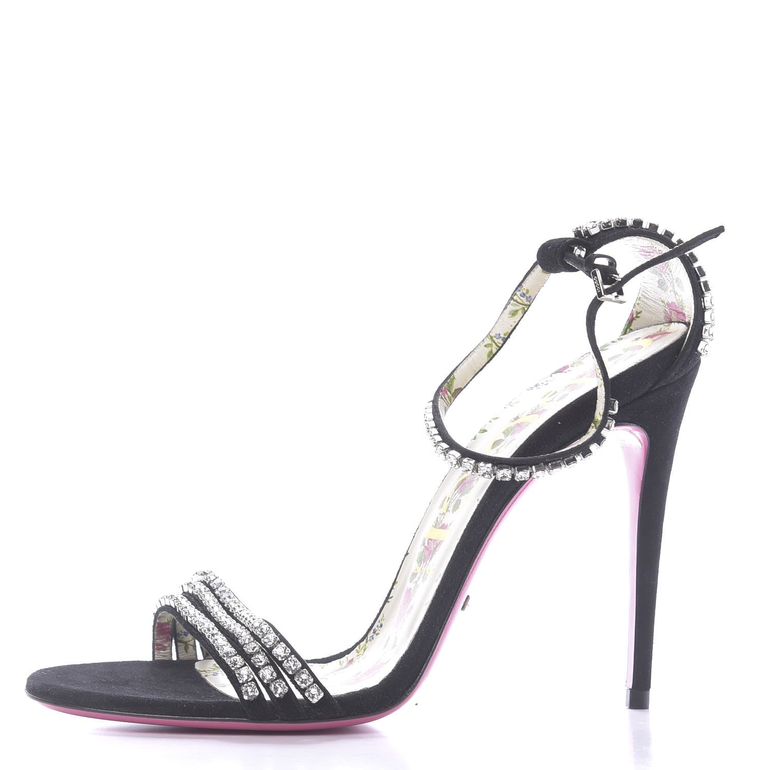 Gucci Kid Scamosciato Crystal Ankle Strap High Heel Sandals 40 Black 1 of 10